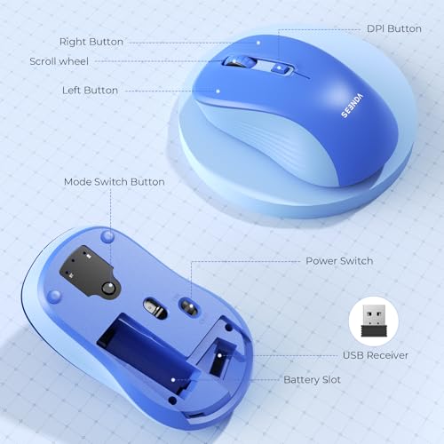 seenda Bluetooth Wireless Mouse, Bluetooth & 2.4G USB Dual Mode, Quiet Clicks, 1600 DPI Smooth Tracking, Ergonomic Design, 24-Months Battery Life, Portable Mouse for Laptop/Mac/Ipad/PC/Tablet-Blue - color: Blue