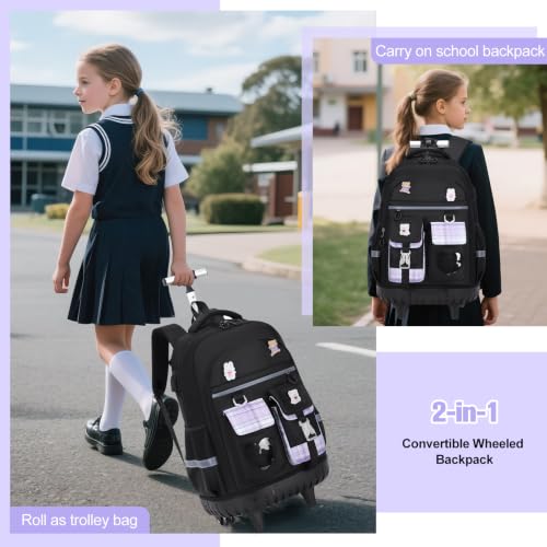 ACESAK Rolling Backpack for Girls - Roller Wheels School Bookbag with Lunch Bag & Pencil Pouch for Teen Girls Kids Wheeled Suitcase Backpacks, Elementary Middle School Travel Daypack (Black Purple) - color: Black-purple