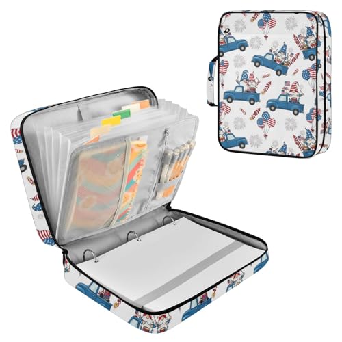 July of 4 Independence Day Gnomes (7) Zipper Binder Bag with Handle,1.25 Inch 3 Ring O-Ring 500 Sheet Capacity 6 Tab Expanding File Folder Storage Pockets Binder for School Office Organizer Supplies