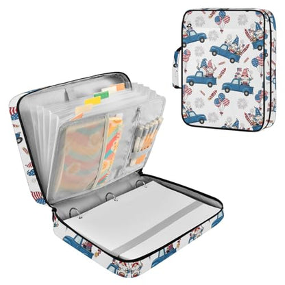 July of 4 Independence Day Gnomes (7) Zipper Binder Bag with Handle,1.25 Inch 3 Ring O-Ring 500 Sheet Capacity 6 Tab Expanding File Folder Storage Pockets Binder for School Office Organizer Supplies