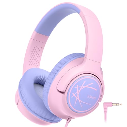 iClever Kids Headphones with Cord, 85dBA Safe Volume Wired Headphonesf or Kid, Stereo Sound Foldable Adjustable, 3.5mm Jack, Over Ear Child Headphone for School/Boys/Girls/iPad/Tablet/Travel, Pink - color: Delicate Pink