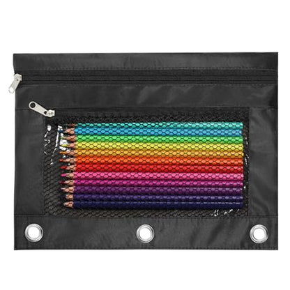 Pencil Pouch for 3 Ring Binder, Zipper Pen Case Bag with 3 Reinforced Grommets, Clear Window & Mesh Pocket, Binder Pouch School Office Supplies for Boys Girls (Black)
