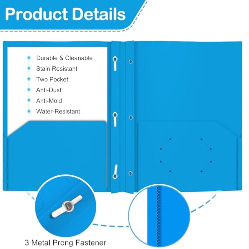 ViVin 12 Pack Plastic Folders with Pockets and Prongs, Heavy Duty 2 Pocket Folders with 3-Prong Fasteners, Poly File Holds 8-1/2" x 11" Paper for School Office Home (Sky Blue) - color: Sky Blue, size: 12 PACK