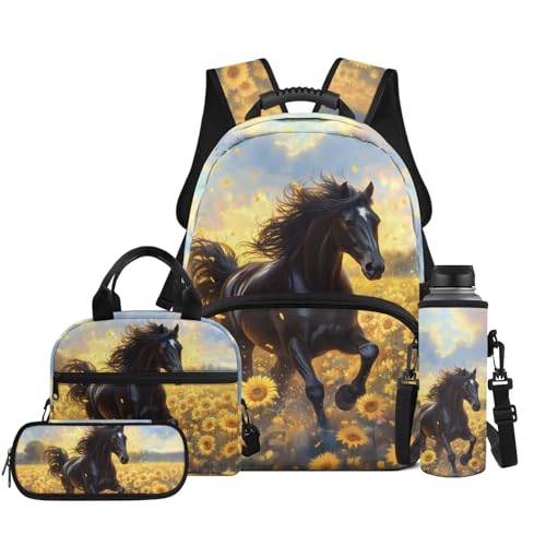 4-Piece Kids Backpack Set, Horse Sunflower Print School Bookbag with Lunch Bag, Pencil Case & Water Bottle Holder for Girls and Boys Elementary School Daily Use - color: Sunflower Horse Print