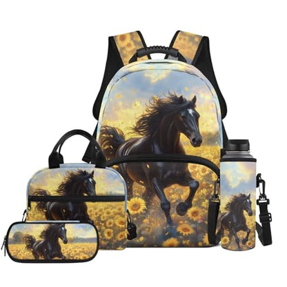 4-Piece Kids Backpack Set, Horse Sunflower Print School Bookbag with Lunch Bag, Pencil Case & Water Bottle Holder for Girls and Boys Elementary School Daily Use - color: Sunflower Horse Print