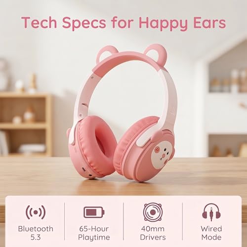 [65H Playtime] Cute Animal Ear Kids Bluetooth Headphones for Girls Women, Wireless Headphones with Microphone, Foldable Over-Ear Headset for School Travel, Pink - color: Pink