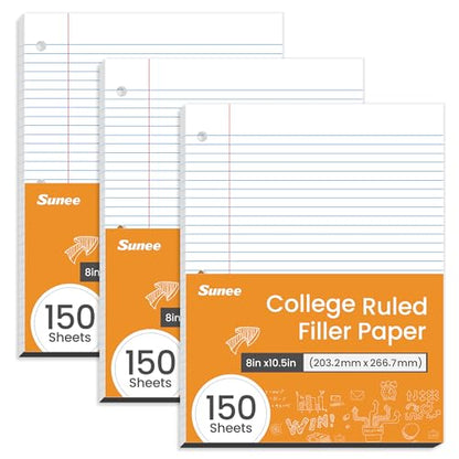 SUNEE Loose Leaf Paper, 450 Sheets, 3 Pack College Ruled Paper, 8 x 10-1/2 Inch Filler Paper, 3 Hole Punch Binder Paper, Loose Leaf Notebook Paper, 150 Sheets/Pack - size: College Ruled | 3 Pack