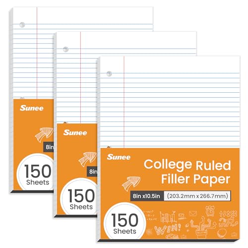 SUNEE Loose Leaf Paper, 450 Sheets, 3 Pack College Ruled Paper, 8 x 10-1/2 Inch Filler Paper, 3 Hole Punch Binder Paper, Loose Leaf Notebook Paper, 150 Sheets/Pack - size: College Ruled | 3 Pack
