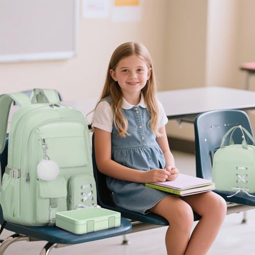 Scothen Backpack for Girls with Bento Lunch Box Set, School Bag Bookbag for Teens Girls Kids Student, 43oz Lunch Containers Lunchbox, Insulated Lunch Bag & Pencial Case, Back to School Gifts - color: Green