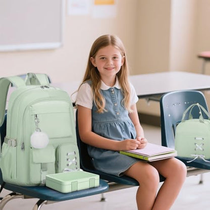 Scothen Backpack for Girls with Bento Lunch Box Set, School Bag Bookbag for Teens Girls Kids Student, 43oz Lunch Containers Lunchbox, Insulated Lunch Bag & Pencial Case, Back to School Gifts - color: Green