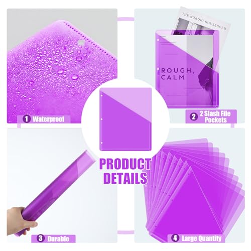 Seajan 48 Pcs Pocket Folders for 3 Ring Binder Clear Plastic Folders Sleeves with 2 Pockets 3 Hole Punch Binder Dividers Poly Slash File Jackets for Office School Document Organizer (Purple) - color: Purple