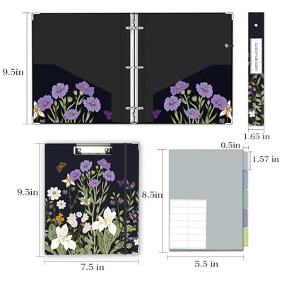 Mini Binder 3 Ring 1 Inch for 5.5"x8.5" Paper, Cute Small Three Ring Binders with Clipboard, 5-Tab Dividers, Spine ID Label Holder, BVSSX A5 Binder with Pen Holder, Black Weeds - color: Black Weeds, size: 1in（5.5"X8.5"）
