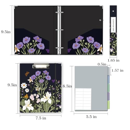 Mini Binder 3 Ring 1 Inch for 5.5"x8.5" Paper, Cute Small Three Ring Binders with Clipboard, 5-Tab Dividers, Spine ID Label Holder, BVSSX A5 Binder with Pen Holder, Black Weeds - color: Black Weeds, size: 1in（5.5"X8.5"）