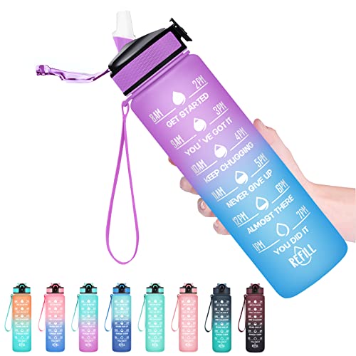 Hyeta Water Bottle with Straw & Time Marker, Plastic 32oz Leakproof | Motivational Tritan BPA Free Gym Office Outdoor Intake Tracker Hourly Reminder Straw Lid Carry Strap - color: Confectionery