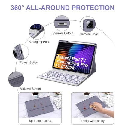IVEOPPE Keyboard Case for Xiaomi Pad 8/8 Pro/Pad 7/7 Pro 11.2 Inch Backlit | 7 Color Backlit, Magnetic Detachable Wireless Bluetooth Keyboard, Pencil Holder, Stain Resistant Cover, Rechargeable - color: Lavender 032Backlit