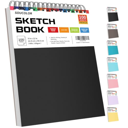 Soucolor Sketch Book 9x12,100 Sheets, Kids Art Sketchbook for Drawing Pad | Gift for Young Artists,68lb Acid-Free,Fine-Texture Matte,Top Spiral Lay-Flat,Dry Media, Sketch Book for Adults - color: Black, size: 9" x 12" (Pack of 1)