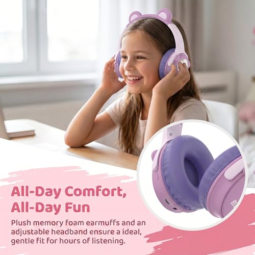[65H Playtime] Cute Animal Ear Kids Bluetooth Headphones for Girls Women, Wireless Headphones with Microphone, Foldable Over-Ear Headset for School Travel, Purple - color: Purple