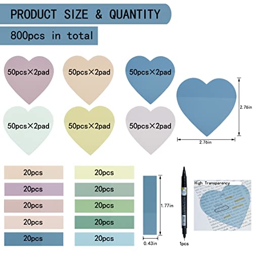 YOUDEFUL 800Pcs Transparent Sticky Notes, 2.76"x2.76" Clear Heart Sticky Notes, Waterproof Translucent Sticky Note Pads for Books Annotation, Clear Post it Notes for Bible Study, School, Office - size: Heart Morandi