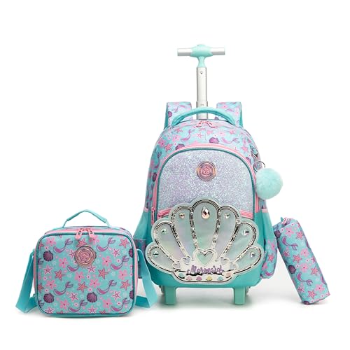 Rolling Backpack for Girls Rolling Backpack Travel Backpack with Lunch Box for Teen Girls Trolley Bag Cute Bookbag for Kids - color: lvbeike