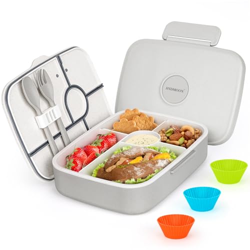 Bento Box Adult Lunch Box, Kid Lunch Box Contaiers for 5 Compartmets, Lunch Containers with 3 Silicone Baking Cups, Leakproof, Dishwasher and Microwave Safe, BPA-Free (Grey) - color: Gray