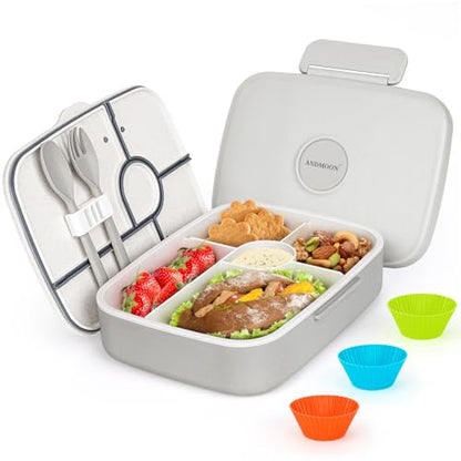 Bento Box Adult Lunch Box, Kid Lunch Box Contaiers for 5 Compartmets, Lunch Containers with 3 Silicone Baking Cups, Leakproof, Dishwasher and Microwave Safe, BPA-Free (Grey) - color: Gray