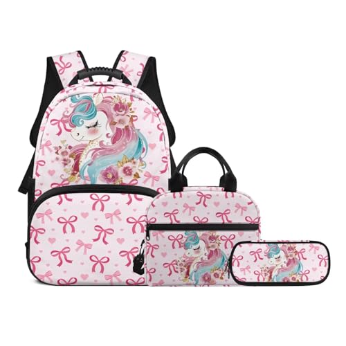 Back to School Bookbag Set for Kids,Horse 3-in-1 Insulated Lunch Bag Pencil Case Combo for Girls Elementary Students, Lightweight Waterproof Backpack with Matching Lunchbox Pouch - color: Pink Bows-horse