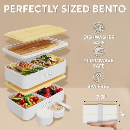 Umami Bento Box Adult All-In-1 w/4 Utensils, Big Sauce Jar, 2 Dividers, 100% Leakproof, Microwave & Dishwasher Safe, Stackable Bento Lunch Box Containers for Men/Women, White & Tan, 40 oz - color: White & Tan, size: M - 40 oz
