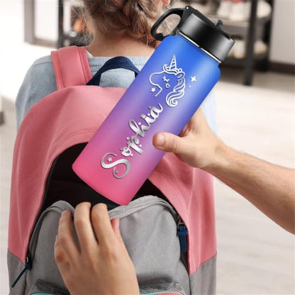 D-Story Personalized Kids Water Bottle with Straw Lid—Custom Name & Icon to Prevent Loss, 18 oz Leak-Proof Stainless Steel Insulated Bottle, Back-to-School Birthday Gift for Boys and Girls - color: Name &Icon