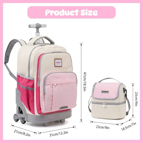 18 Inch Rolling Backpack for Girls, 3-Wheel Stair Climbing Kids Roller Backpack Set with Lunch Bag & Rain Cover, Travel Backpack for Kids, Back to School Essentials for Girls 8-12, Pink