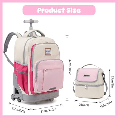 18 Inch Rolling Backpack for Girls, 3-Wheel Stair Climbing Kids Roller Backpack Set with Lunch Bag & Rain Cover, Travel Backpack for Kids, Back to School Essentials for Girls 8-12, Pink