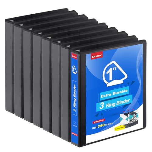 COMIX Heavy Duty Slant-D Ring View Binder, 1 inch 3 Ring Binders, Hold 225 Sheets of 8.5" x 11" Paper, 8 Pack (Black) - color: Black, size: 1 inch, style: 8 Pack