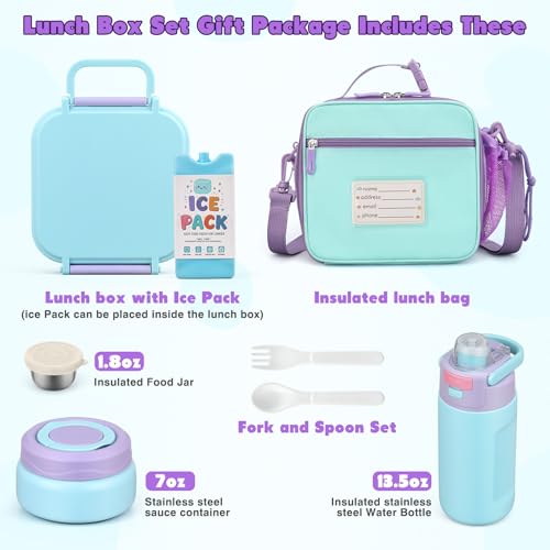 Bento Lunch Box for Kids with 7oz Soup Thermo,Insulated Stainless Steel Kids Water Bottle with Straw and Insulated Lunch Bag,Leak-Proof Lunch Food Container with Ice Pack for School(Purple) - color: Purple