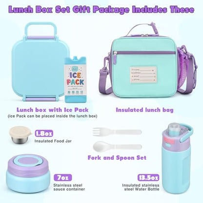 Bento Lunch Box for Kids with 7oz Soup Thermo,Insulated Stainless Steel Kids Water Bottle with Straw and Insulated Lunch Bag,Leak-Proof Lunch Food Container with Ice Pack for School(Purple) - color: Purple