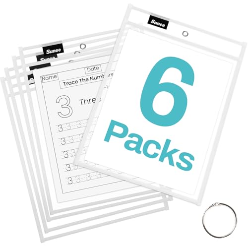 SUNEE 6 Packs Oversized Reusable Dry Erase Pocket Sleeves with Ring, White 10x14 Ticket Holders, Clear Plastic Sheet Protectors, Teacher School Classroom Supplies - color: White, style: 6 Pack