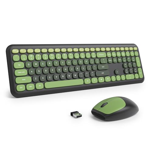 Wireless Typewriter Keyboard and Mouse Combo Retro 104 Key Full Size Office Set sea Blue Keyboard with Silent Round Keycaps, Ideal for Laptop and Desktop PCs, Cute Design. - color: Gradient Dark Green