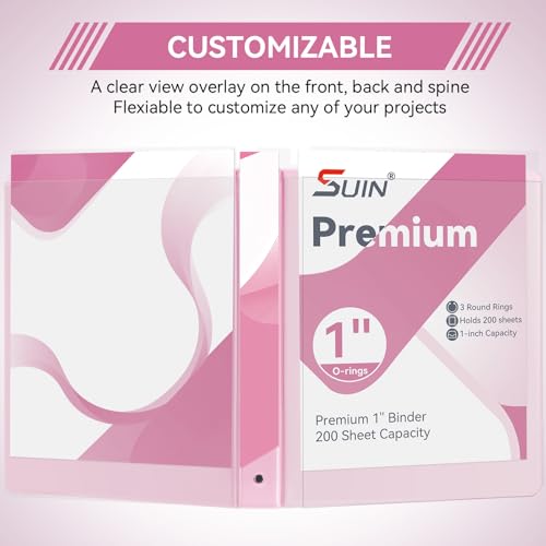SUIN 1 Inch 3 Ring Binder, Clear 1'' View Presentation Binders with 2 Pockets, Fits 8.5 x 11 Letter Size, Durable Polypropylene, Non-Stick & PVC-Free for School, Office & Home (Pastel Pink) - color: Pastel Pink