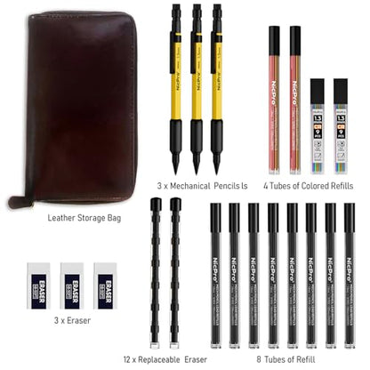 Nicpro 21PCS 1.3 mm Mechanical Pencil Set in Leather Bag with 138 Lead Refill, Eraser, Eraser Refills - Weatherproof Metal Barrel, Heavy Duty Carpenter Pencil for Outdoor Marking Drawing Woodworking - color: Yellow