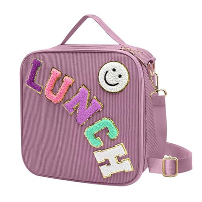 Insulated Lunch Bag With Adjustable Shoulder Strap, Cute Corduroy Preppy Lunch Box Large Insulated Lunch Bag Reusable Lunch Tote Bag (Purple) - color: Purple