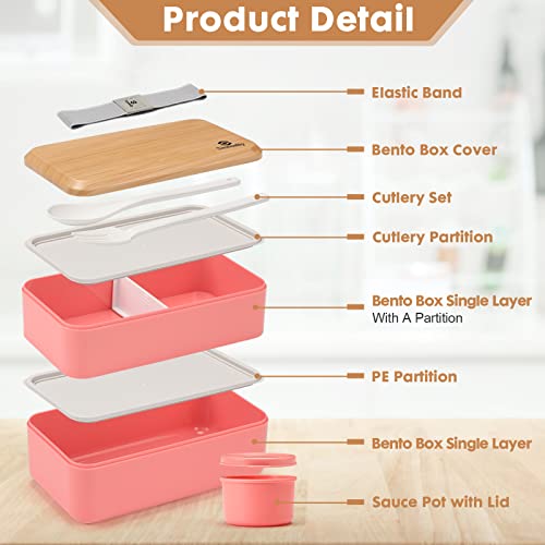 Sinnsally Bento Box for Kids and Adults, Stackable Japanese Bento Lunch Box Containers for Teens/Women with Compartments(47oz),Modern Lunch Containers with Utensil Set,Leak-Proof Lunchbox,Rectangle - color: Dark Pink