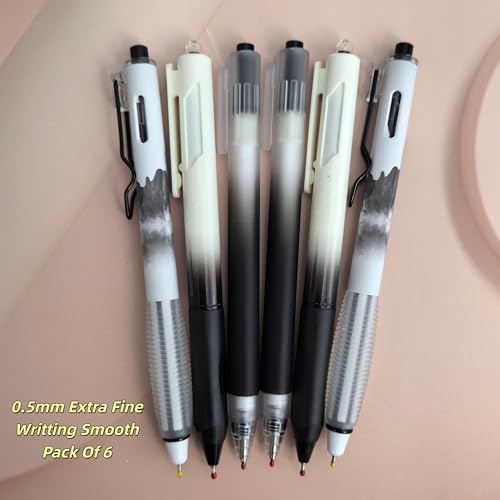 Fengtaiyuan Retractable Gel Pens, 0.5mm Black Ink ST Fine Point, Quick Dry No Smudge 3 Styles (Silent Click/Ergonomic Triangular Grip) for School Office Exam Note Taking, 6 Pack - color: BlackFGTWP6