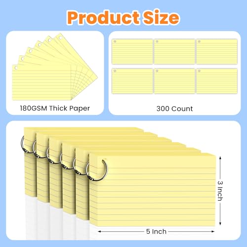 300 Count Yellow Index Cards 3x5 Inch with Ring, Heavy Weight Flash Cards, Note Taking Supplies, Portable Note Cards, Study Flashcards for Students & Teachers, Office Home School Study Supplies - color: Yellow