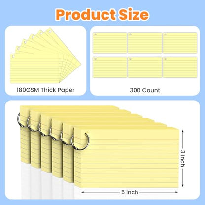 300 Count Yellow Index Cards 3x5 Inch with Ring, Heavy Weight Flash Cards, Note Taking Supplies, Portable Note Cards, Study Flashcards for Students & Teachers, Office Home School Study Supplies - color: Yellow