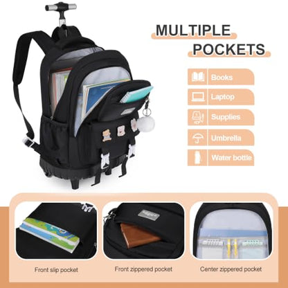 DIGOBAY 3-IN-1 Kids Rolling Backpack for Girls with Lunch Bag Pencil case, Black Kawaii Backpack with Wheels for Girls Roller School Bag with Wheels for Teen Elementary School Bookbags with Cute Pins - color: Black
