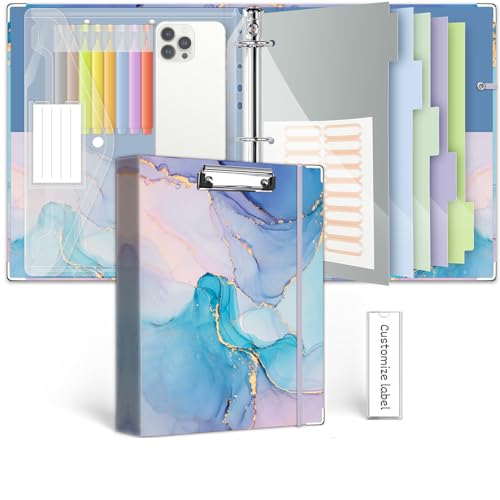 3 Ring 1 Inch Binder Organizer, KLLVE Three Ring Binders with Clipboard, 5-Tabs Pockets Dividers, Plastic Folder, 18 Divider Stikers,Pen Loop (Blue Marble, Letter Size) - color: Blue Marble, size: 1in（Letter Size）