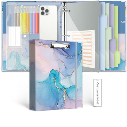 3 Ring 1 Inch Binder Organizer, KLLVE Three Ring Binders with Clipboard, 5-Tabs Pockets Dividers, Plastic Folder, 18 Divider Stikers,Pen Loop (Blue Marble, Letter Size) - color: Blue Marble, size: 1in（Letter Size）