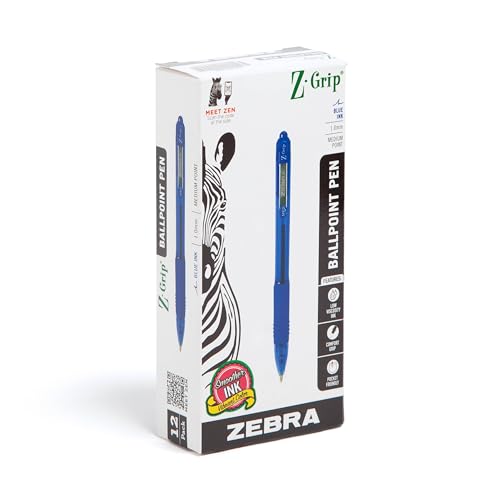 Zebra Pen Z-Grip Retractable Ballpoint Pen, Smooth-Flowing Blue Ink, 1.0mm Medium Point, School & Office Supplies, Ideal for Note-Taking, Journal and Planner Use, 12-Count (22220) - color: Blue A