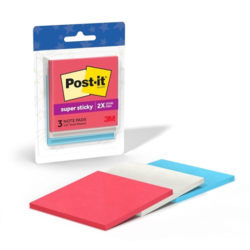 Post-it Super Sticky Notes, 3 Sticky Note Pads, 3 x 3 in., School Supplies, Office Products, 2X the Sticking Power, Red, White, Blue (Pack of 6) - size: 3x3 inches (Pack of 6)