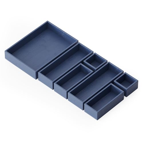 SpaceAid 7-Piece Bamboo Drawer Organizer Storage Boxes Set, Wood Tray Junk Drawer Organizers Multi-Use Divider Bins for Kitchen, Bathroom, Office Desk and Makeup Organization (7 Pack, Navy Blue) - color: Navy Blue