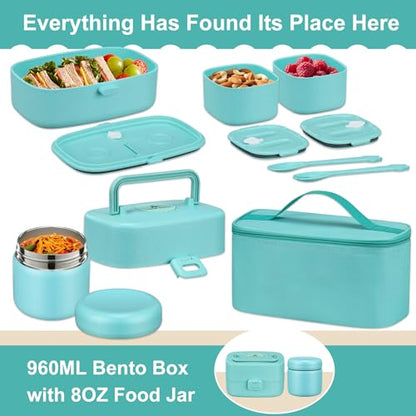 Pawtong Bento Lunch Box with 8oz Soup Thermo, Kids Sustainable Bento Box Leakproof Lunch Food Containers with Lunch Bag, Kids Thermo Insulated Hot Food Jar for School, Trvael (Blue) - color: Blue