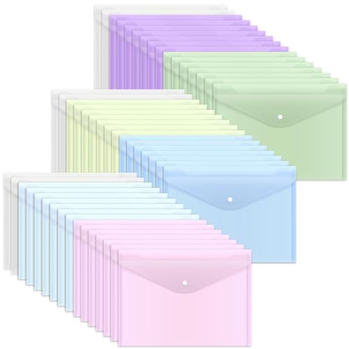 EOOUT 48pcs Plastic Envelopes, Plastic Folders for Documents, Poly Folders with Snap Closure, A4 Size, Letter Size, for School and Office Supplies - color: Pastel, style: 48pcs